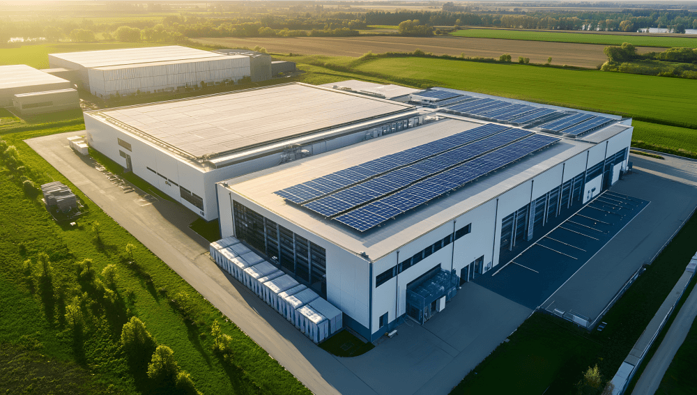 An aerial photo of a commercial property with solar panels, eligible for loans against property.