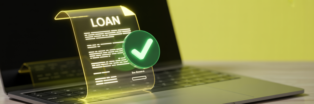 Digital illustration of a holographic loan agreement document floating above a laptop keyboard, featuring a green approval checkmark and modern digital aesthetic with soft lighting and blurred background.
