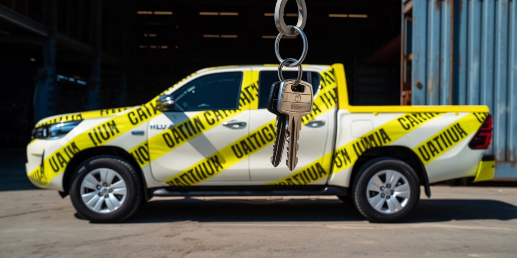 a Toyota Hilux or VW Polwrapped in caution tape, with a set of keys dangling from a hook or chain, referencing the danger of pawn and drive schemes