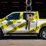a Toyota Hilux or VW Polwrapped in caution tape, with a set of keys dangling from a hook or chain, referencing the danger of pawn and drive schemes